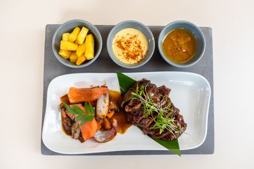 A top view of large set of food in the restaurant