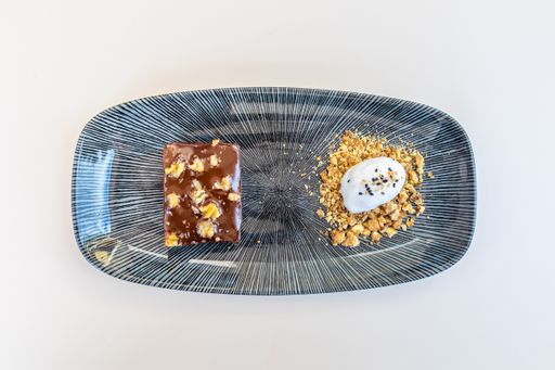 A top view of delicious chocolate dessert on a plate
