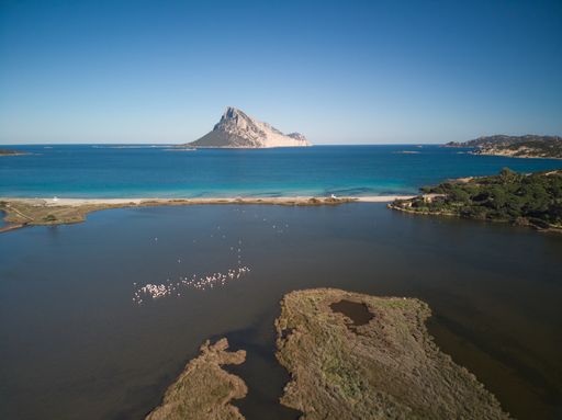 a Fascinating aerial view of Tavolara Island , lagoon with flamingos at Porto Taverna Beach in Sardinia, Italy on a clear sunny day.