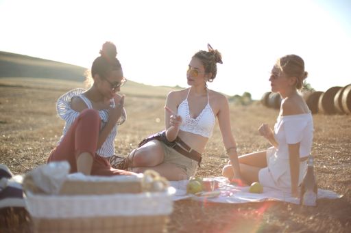 A group of attractive female friends having a fun time at the picnic on a sunny day