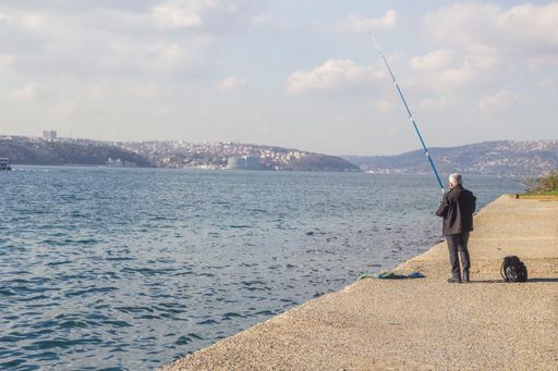 A back view of an old man fishing in a lake