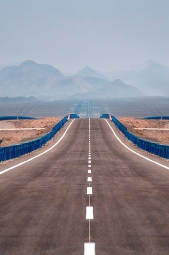 A portrait of a very straight empty road in the middle of a dry plain field