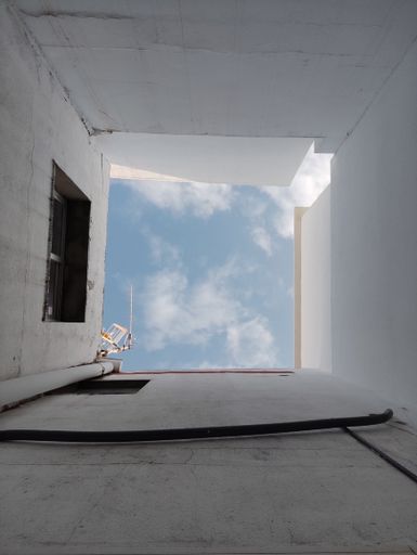 A low angle shot of the inside of the building