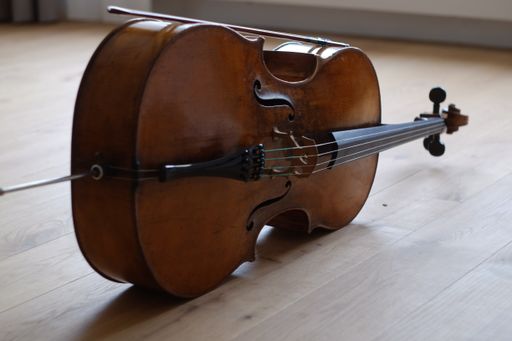 A closeup of a cello on the wooden floor.