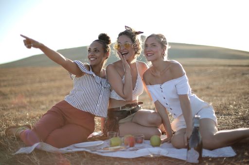 A group of attractive female friends having a fun time at the picnic on a sunny day