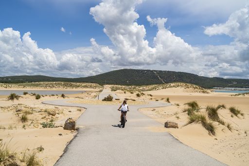 A person riding a bicycle through a road surrounded by the beach and the sea under the sunlight in Andalusia, Spain