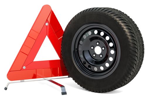 A warning triangle and car wheel with a winter tire. 3D rendering isolated on white background