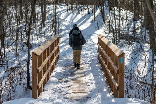 A back shot view of a man walking on a wooden bridge in a snowy forest on a sunny day