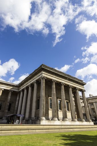 A low angle shot of the British Museum in Bloomsbury, UK