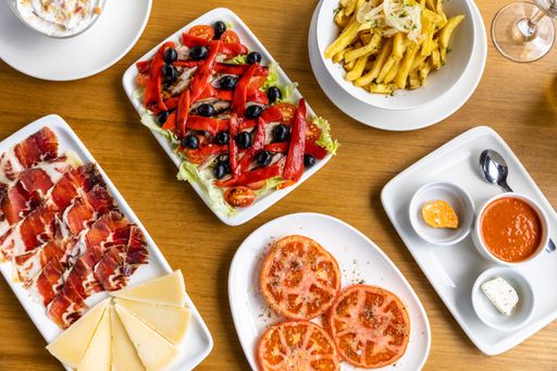 A top view of delicious foods on a wooden table