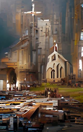 An abstract illustration of an art painting of a church with a mixture of dark colors
