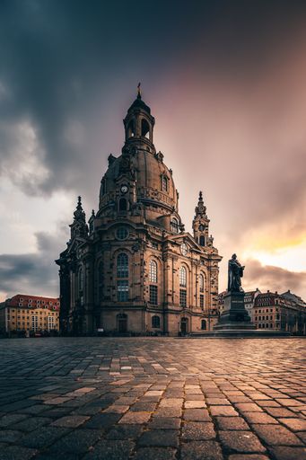 A vertical shot of the Frauenkirche in Dresden, Germany at sunset