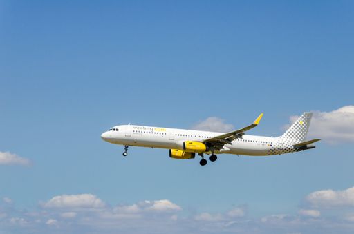An airplane landing in Barcelona, Spain