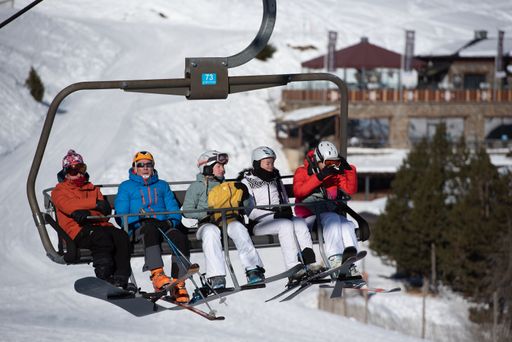 The people on a ski lift in the Pyrenees at the Grandvalira ski resort in Andorra in Covid19 time