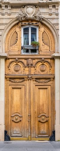 Paris, an ancient wooden door, beautiful facade in the 11e arrondissement