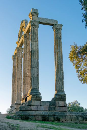 A vertical shot of the ruins of the temple of the ancient Roman city of Augustobriga.Caceres, Spain