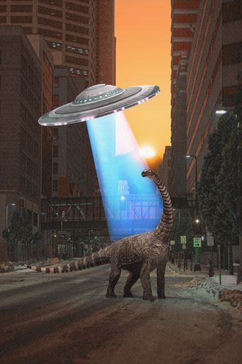 A 3d rendering of a brachiosaurus under a space flying saucer with buildings in the background