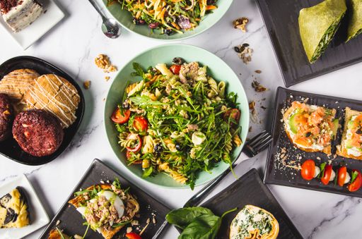 A top view of a variety of vegan and healthy dishes