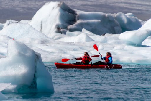 A view of boats and canoes tour in Vatnajokull glacier, Iceland