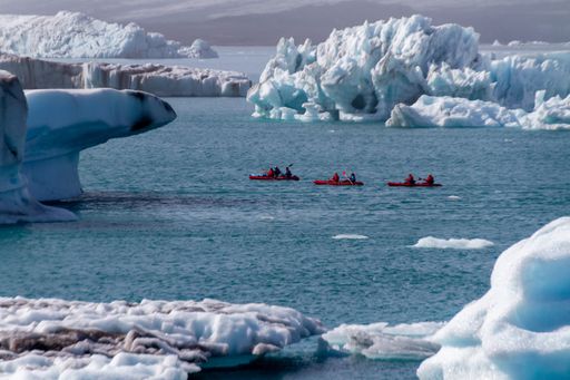 A view of boats and canoes tour in Vatnajokull glacier, Iceland