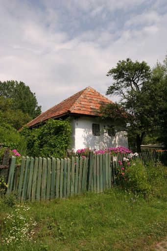 An old house behind a wooden fence in greenery