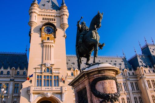Monument to Great and holy Stephan street in front of the palace. Palace of Culture. Neo-Gothic castle of the royal family.