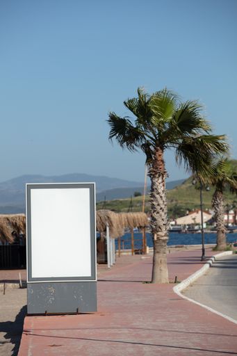 A vertical shot of advertisement stand in front of a palm tree