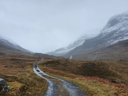A view of snowy mountains and a field on a rainy day