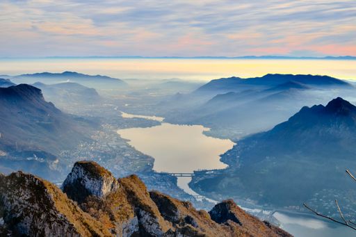 A bird's-eye view of the city of Lecco on lake Como, Italy. photo taken from Belvedere Parco Valentino