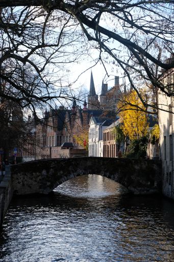 A vertical shot of a beautiful calm river under a stone bridge with amazing architecture in the background