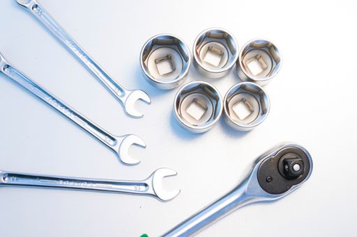 A professional kit of a large group of different metal wrenches.
