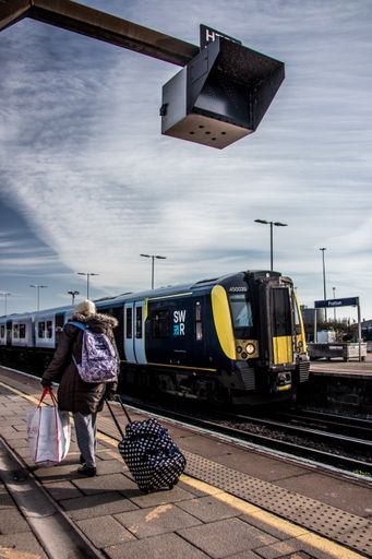A vertical shot of the Portsmouth & Southsea railway station in Hampshire, England