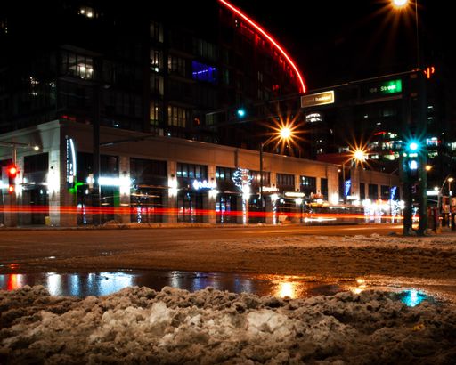 A beautiful view of buildings at night