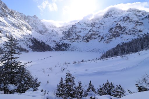 A landscape of mountains and fields in winter all covered with snow