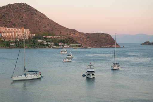 The boats in the sea on a windy day in Bodrum, Turkey.