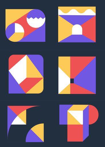 A vertical shot of geometric graphics composition with simple shape and bright colours