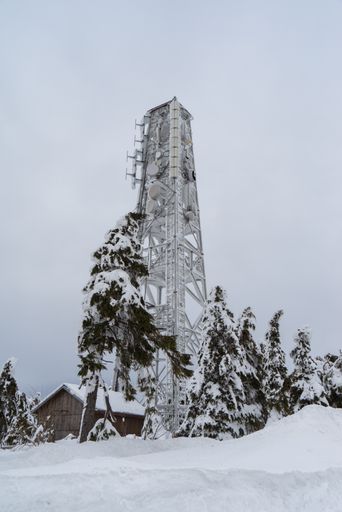 A low angle shot of a cell tower on a snowy area