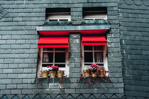 A closeup of potted flowers outside the windows of an old brick house