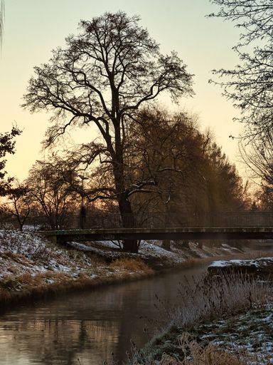 A vertical shot of a river and a small bridge with a sunset on the background
