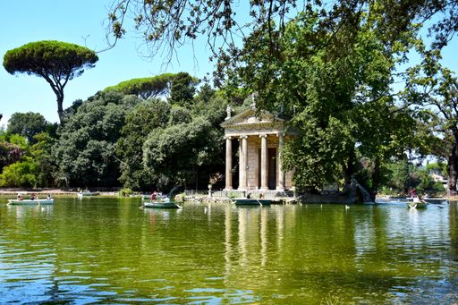 View of the Temple by the pond in Villa Borghese in Rome, Italy