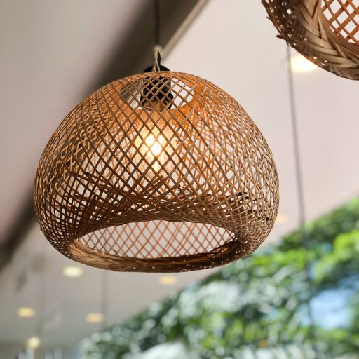 A low angle shot of a lamp in the cafe