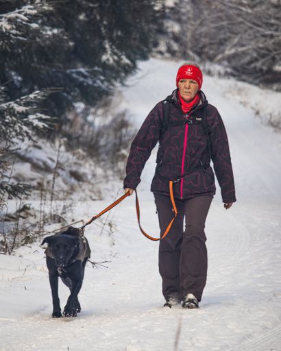 A woman with her dog walking in the forest during winter
