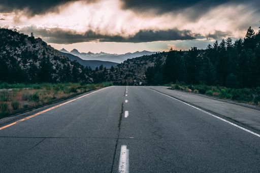 A beautiful scenery of a highway surrounded by forest on a cloudy day