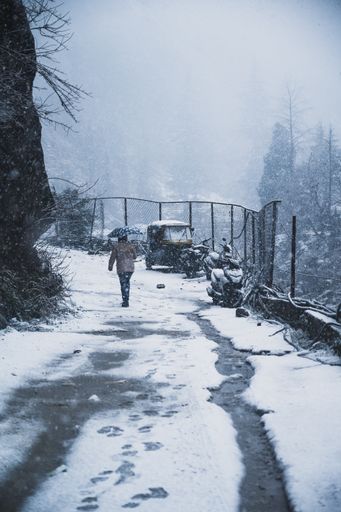 A vertical shot of a person walking on a snow-covered road on a stormy day