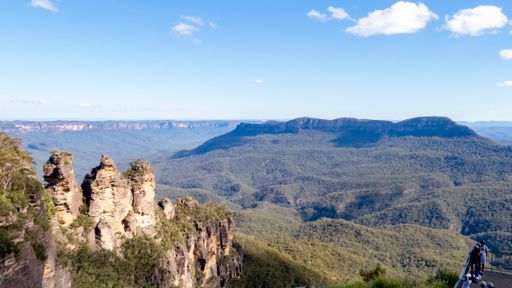 A beautiful view of the Jamison Valley and the iconic Three Sisters in Katoomba, NSW, Australia