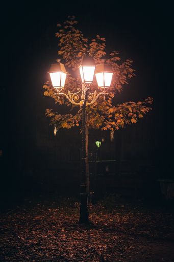 The old beautiful lantern illuminates the street in Strasbourg at night