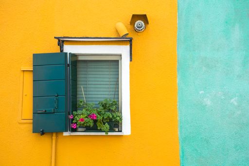 A closeup shot of a yellow walled house with plants on the window in Burano, Italy