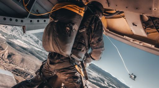 An amazing shot of an airborne forces soldier going to jump from an airplane
