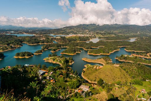 An aerial beautiful shot of Piedra El Penol, Guatape Antioquia in Colombia