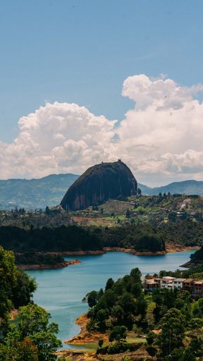 An aerial vertical shot of Piedra El Penol, Guatape Antioquia in Colombia